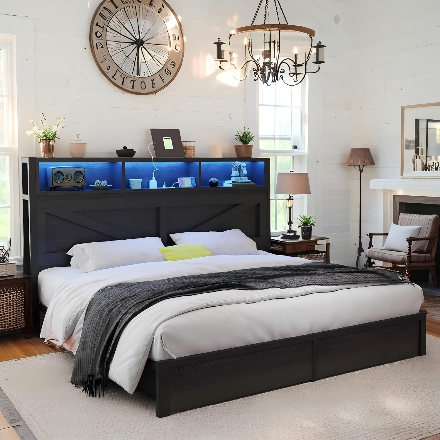 NHIXSOM Farmhouse King Bed Frame with LED Headboard, Charging Station and Storage Drawers, Farmhouse Style, Easy Assembly, Black