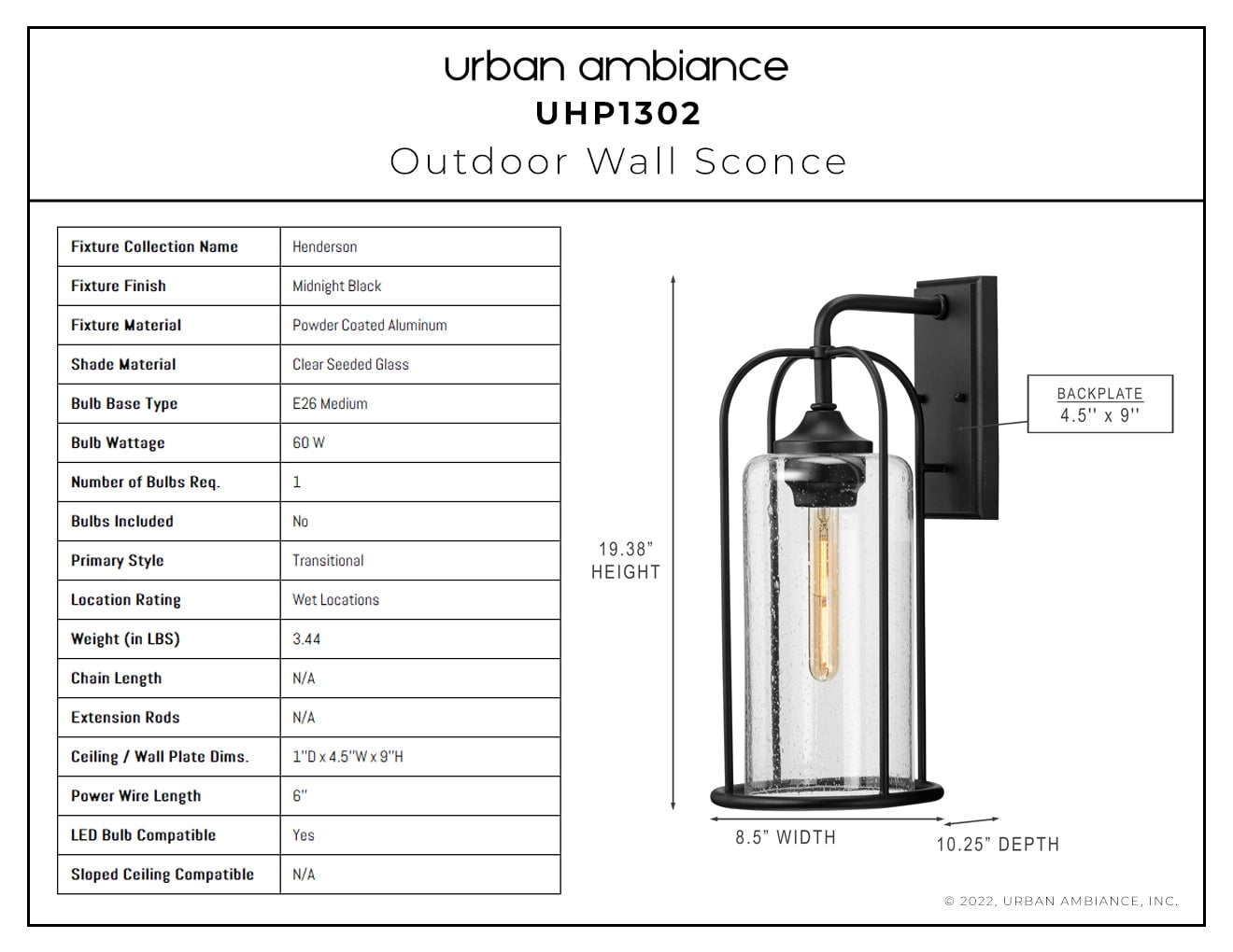 Luxury Farmhouse Wall Sconce, 19.375H x 8.5W, with Industrial Luxe Style, Midnight Black, UHP1302 by Urban Ambiance