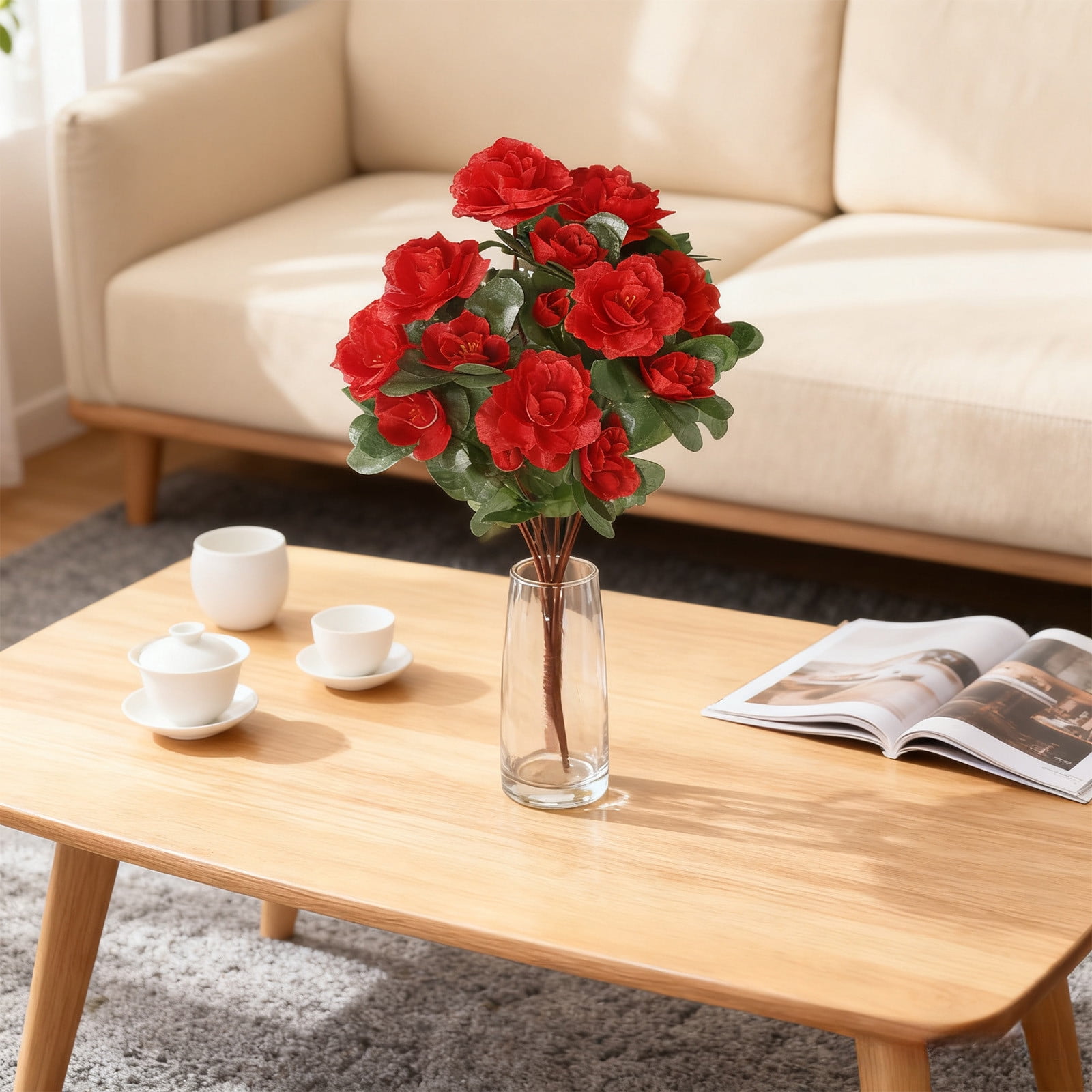 Artificial Fake Flowers for Outdoors Spring Outside Decoration, 1 Bundles Silk Azalea Faux Plants UV Resistant Realistic Outdoor Flowers for Planter Porch Patio Garden Walkways Home, Red
