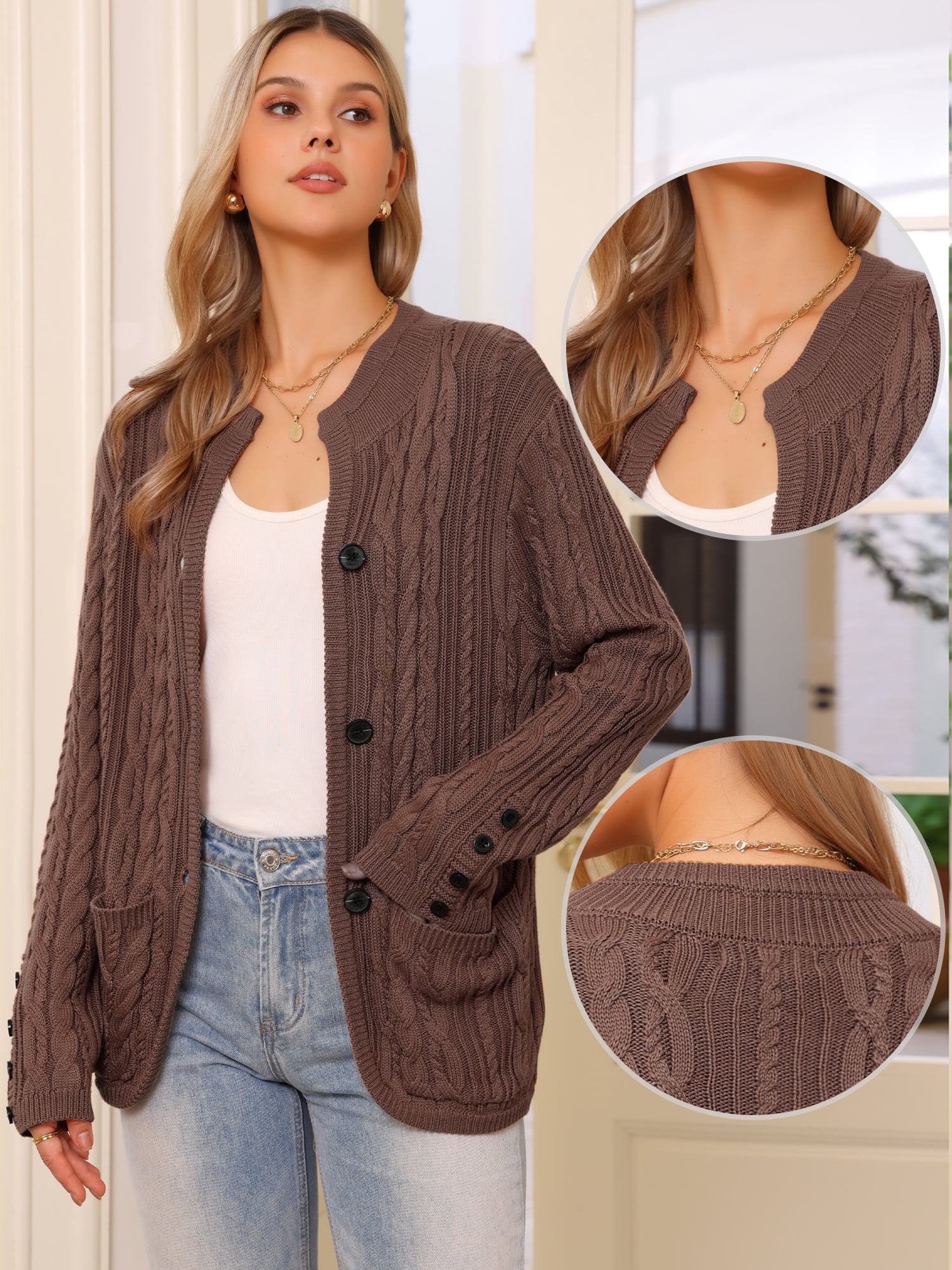 DARING DIVA Women's Cable Knit Open Front Button Up Cardigan Sweaters S Brown