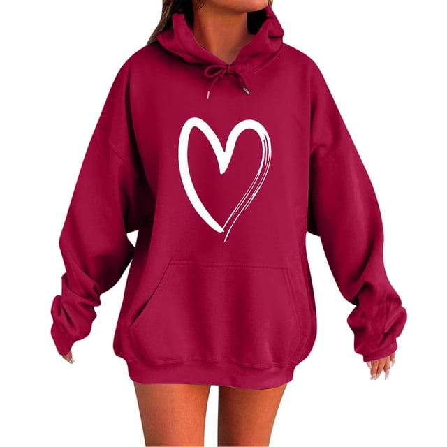 Chandail à Capuchon pour Femmes Automne Mignon Cœur Imprimé Papillon Chandail à Capuchon Oversize Chandail Décontracté Chandail à Capuche Design Épaule Tombante Chandail en Molleton pour Femmes Rouge m
