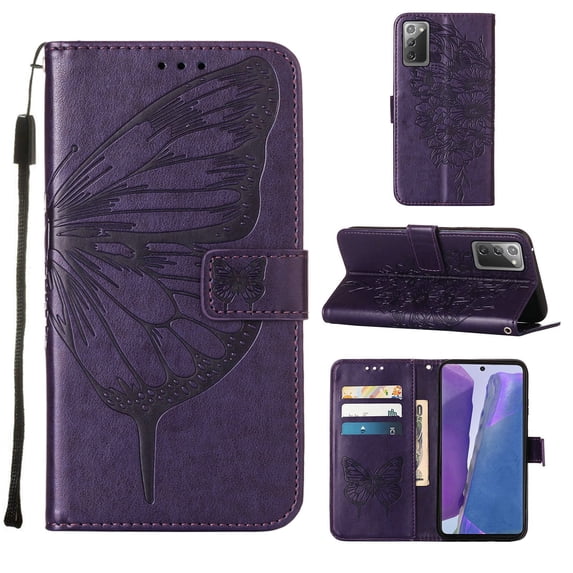 Galaxy Note 20 Ultra Wallet Case, Embossed Butterfly PU Leather Credit Card Holder Slots Full Body Protection Kickstand Flip Shockproof TPU Phone Cover for Samsung Galaxy Note 20 Ultra, Purple