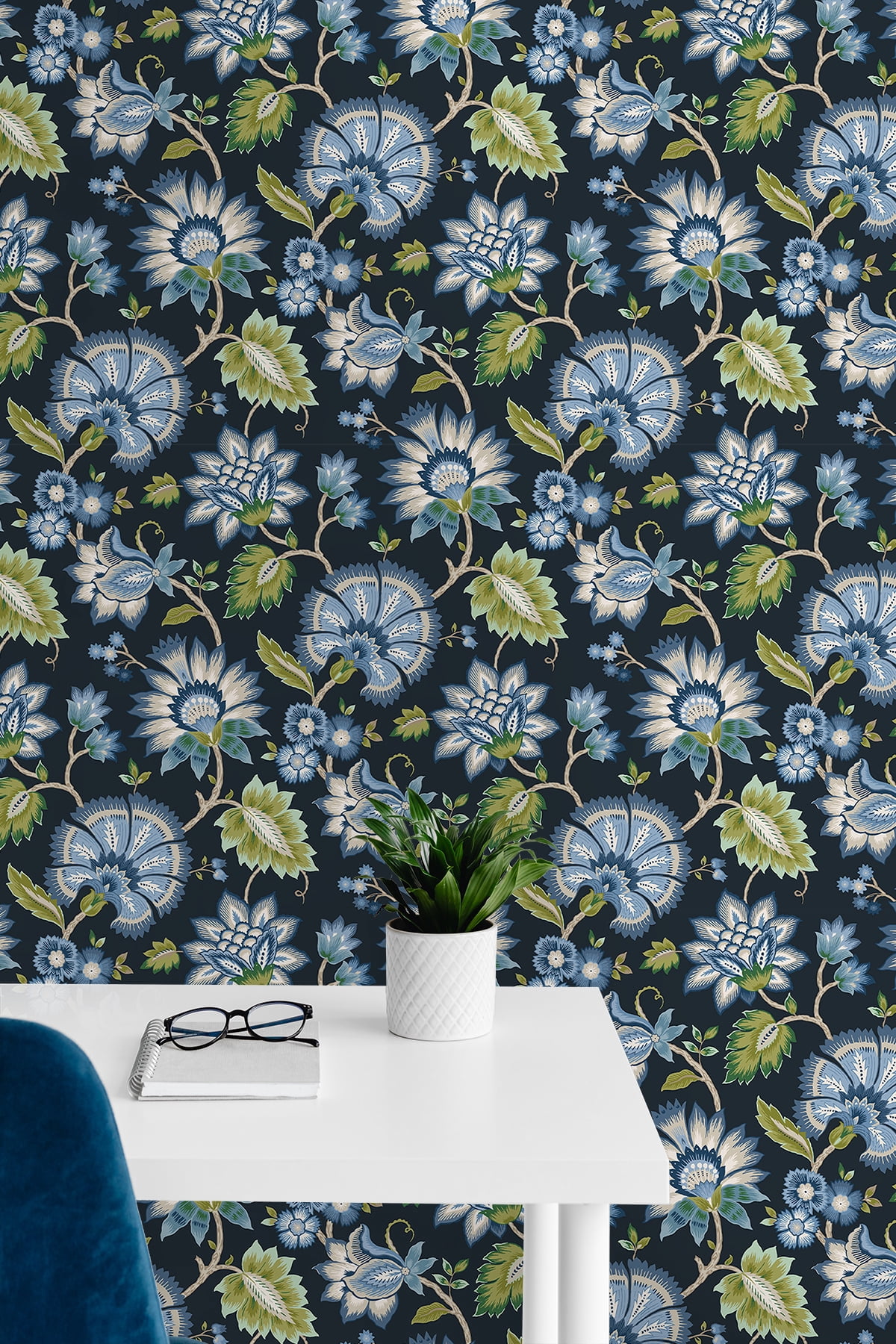 NextWall Midnight Blue Jacobean Blossom Floral Peel and Stick Wallpaper