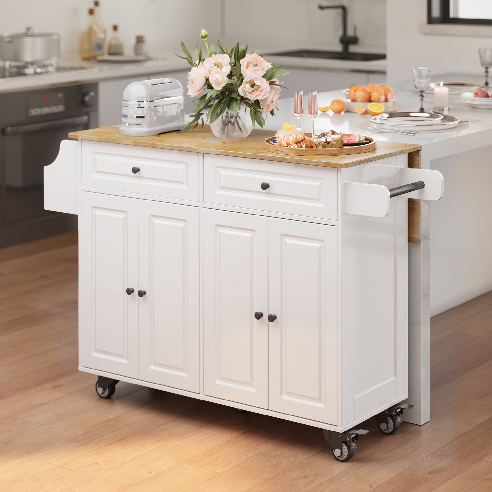 Lofka Kitchen Island, Rolling Kitchen Carts with Wheels & 52" Folding Drop Leaf, Mobile Storage Cabinet with 2 Drawers for Dining room, White
