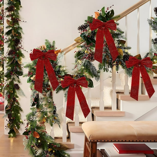 Conjunto de adornos para árbol de Navidad | Decoraciones colgantes de lazos de poliéster rojo y bastón de caramelo | Detalles de decoración navideña | Molduras festivas interiores y exteriores |