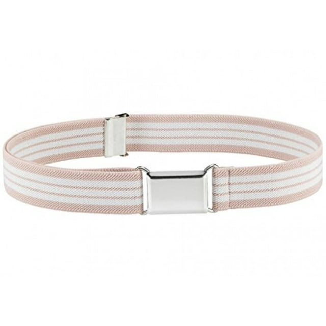 Kids Elastic Adjustable Strech Belt With Silver Square Buckle - Beige And White Stripes