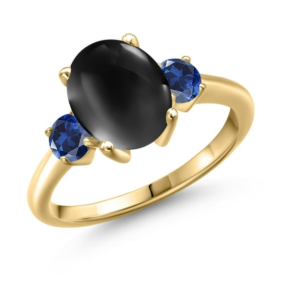 Gem Stone King 3.10 Ct Oval Cabochon Black Onyx Blue Created Sapphire 18K Yellow Gold Plated Silver Ring