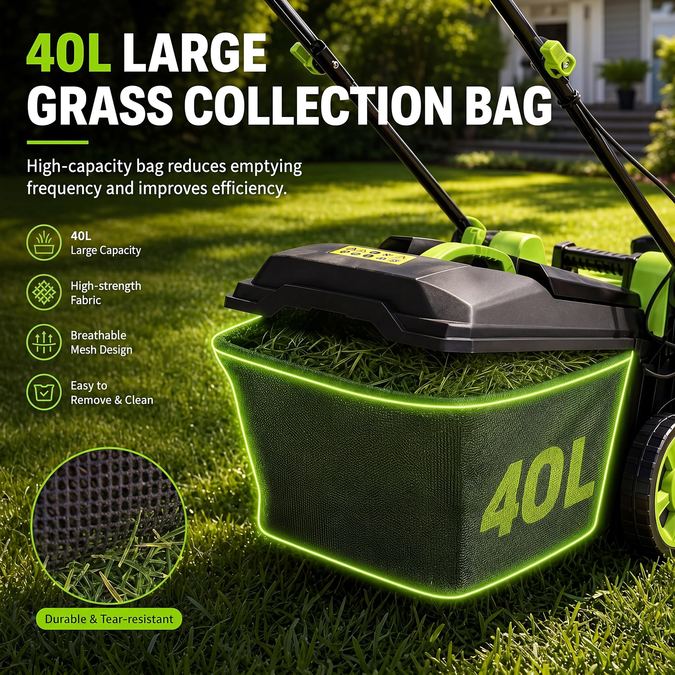40V Cord-free Push Lawn Mower, 17" Deck - 6 Height Settings - Mulching & Bagging - Lightweight Walk-Behind for Small to Medium Lawns - 40L Grass Bag - Black + Green 2290u