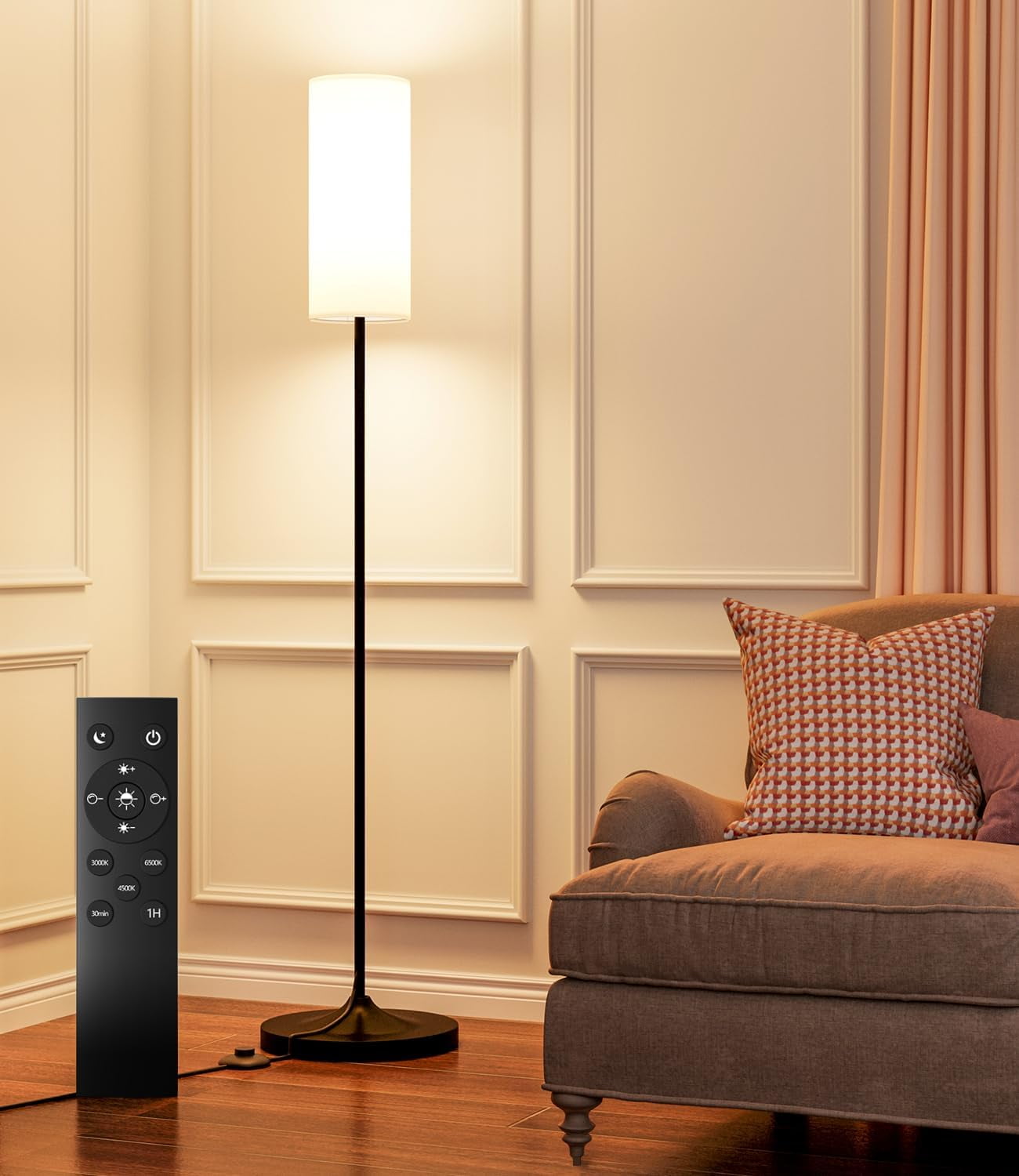 LED Floor Lamp for Living Room, Dimmable Standing Lamps with Foot Switch,Remote Custom Color Temperature Gold Pole Lamp with Lampshade,12W Led Bulb Tall Lamps for Bedroom Office Kid Room (Gold)