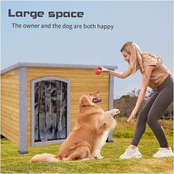 JERFIT 45 Inch Insulated Outdoor Dog House with Door Flap, All-Season Wooden Kennel with Waterproof Mat for Large Medium Small Dogs, Golden Black