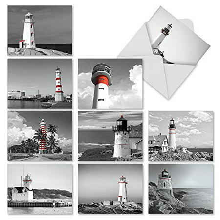 'M1707TY RED BEACONS' 10 Assorted Thank You Cards Feature Photographic Images of Lighthouses with Envelopes by The Best Card