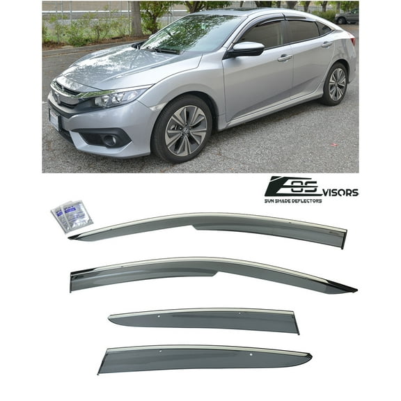 Extreme Online Store for 2019-Present Honda Insight Models | EOS Visors Mugen Clip-On Style JDM Smoke Tinted Chrome Trim Side Window Deflectors Rain Guard