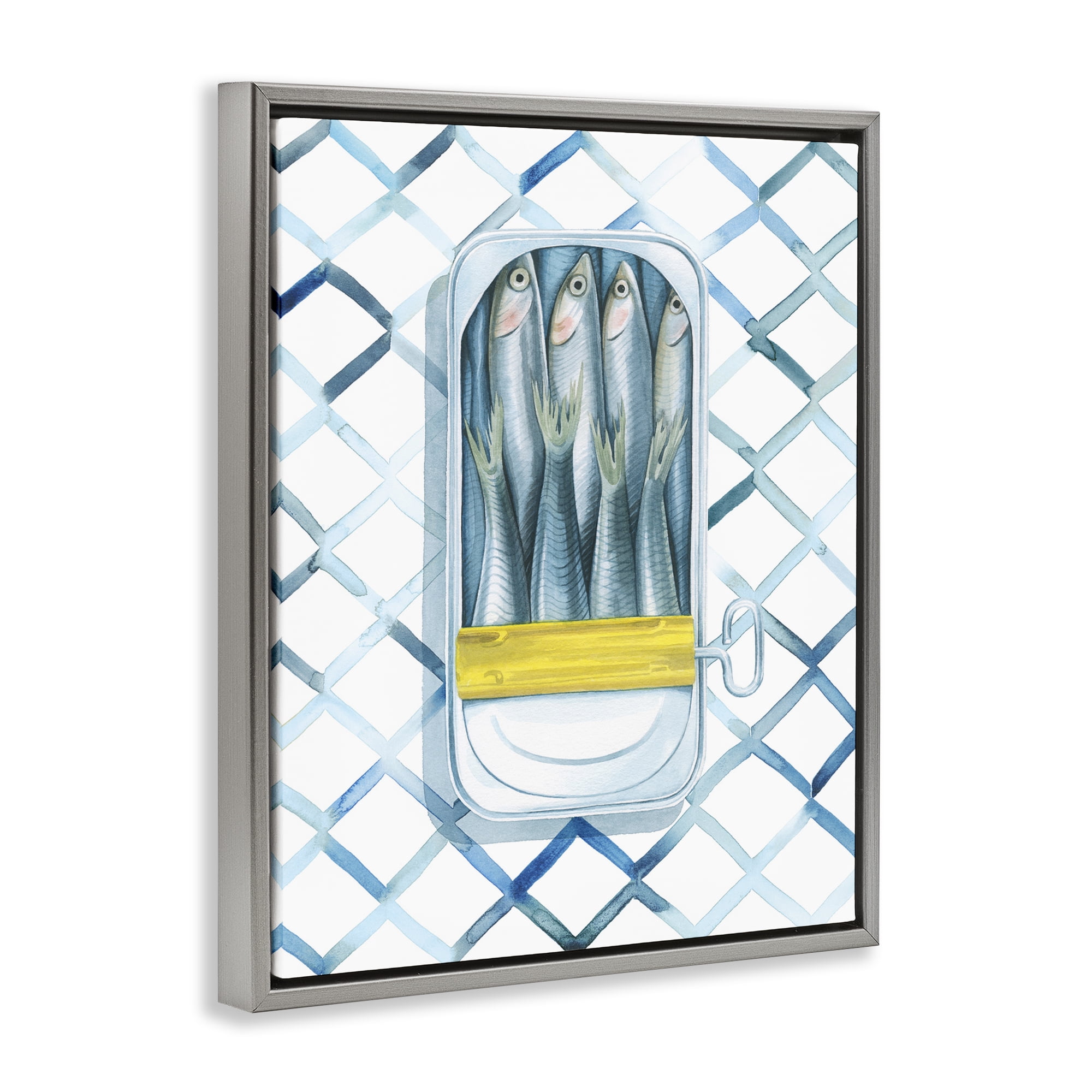 Stupell Industries Sardine Can on Pattern Food & Beverage Painting Gray Floater Framed Art Print Wall Art, 25 x 31
