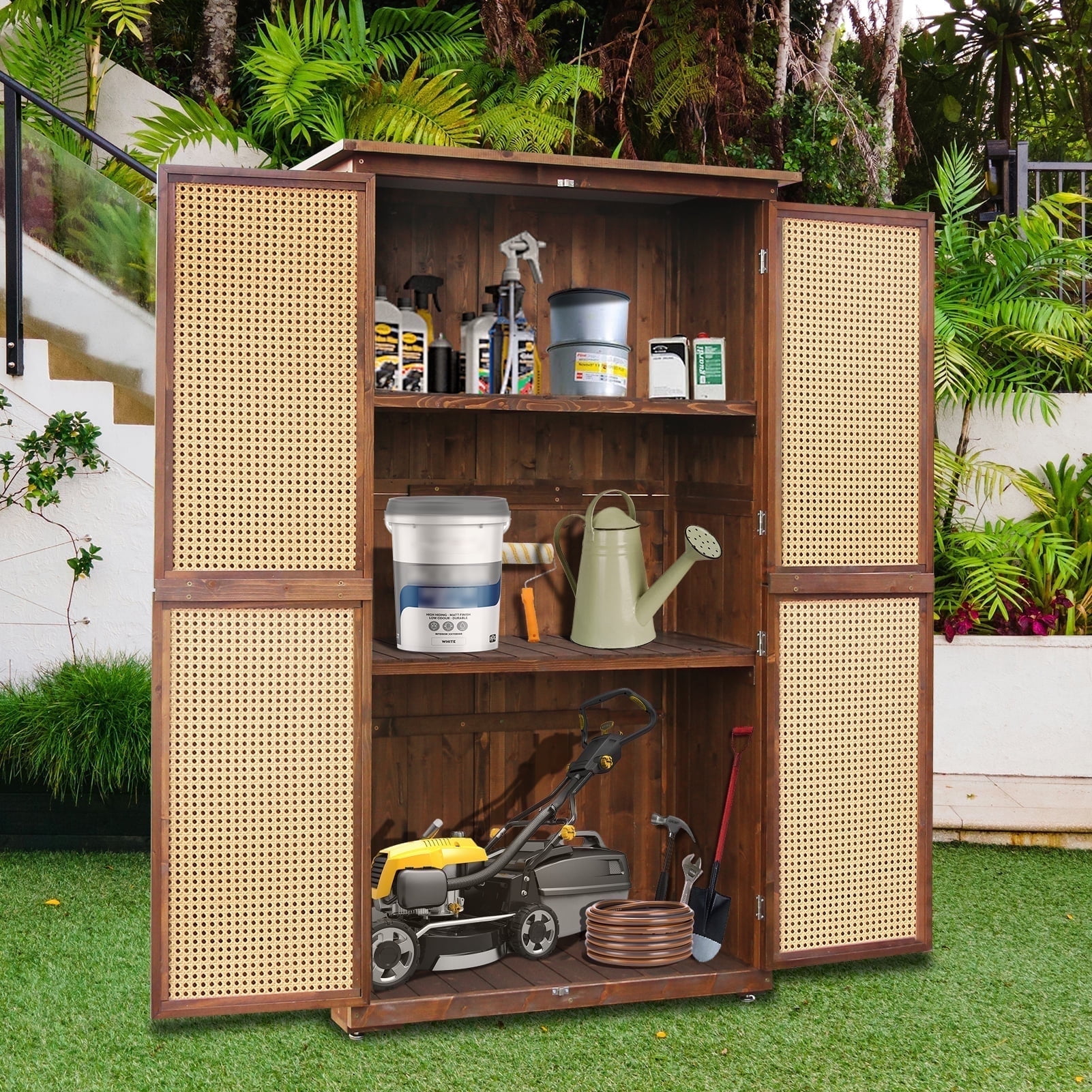 Outdoor Storage Cabinet, Beneouya 60.6" Wooden Garden Shed with 2 Removable Shelves & Waterproof Roof for Garden, Lawn, Patio - Carbonized Black