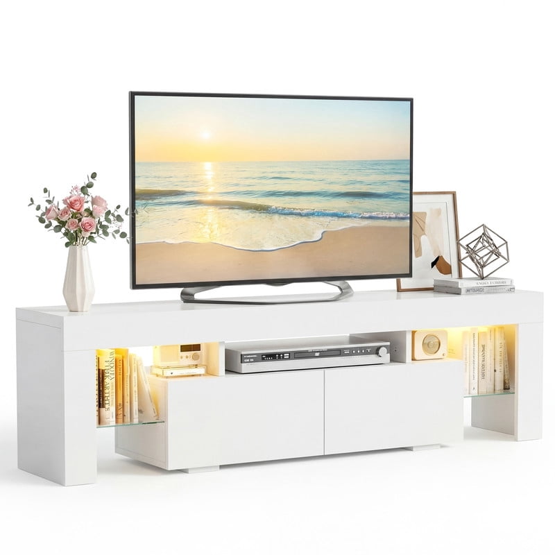Lacoo 70" LED TV Stand for 70 Inch TV, Modern Media Console with 2 Extra Deep Drawers and RGB Light Strip, Gaming Entertainment Center with Open Glass Shelves