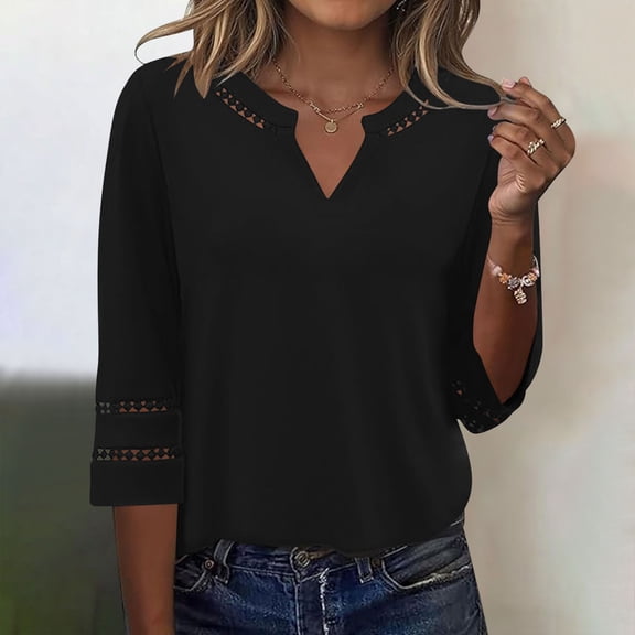 Craaazy Women Casual Tops Loose Fit Solid Color V Neck Lace Trim 3/4 Sleeve Blouses for Fall Gift