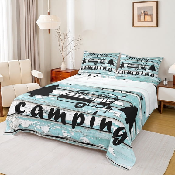 Manfei Happy Camping Twin Sheet Sets,Old Barn Door Twin Fitted Sheet,Blue Black Flat Sheet For Girls,Ultra Soft Home Decor,3pcs