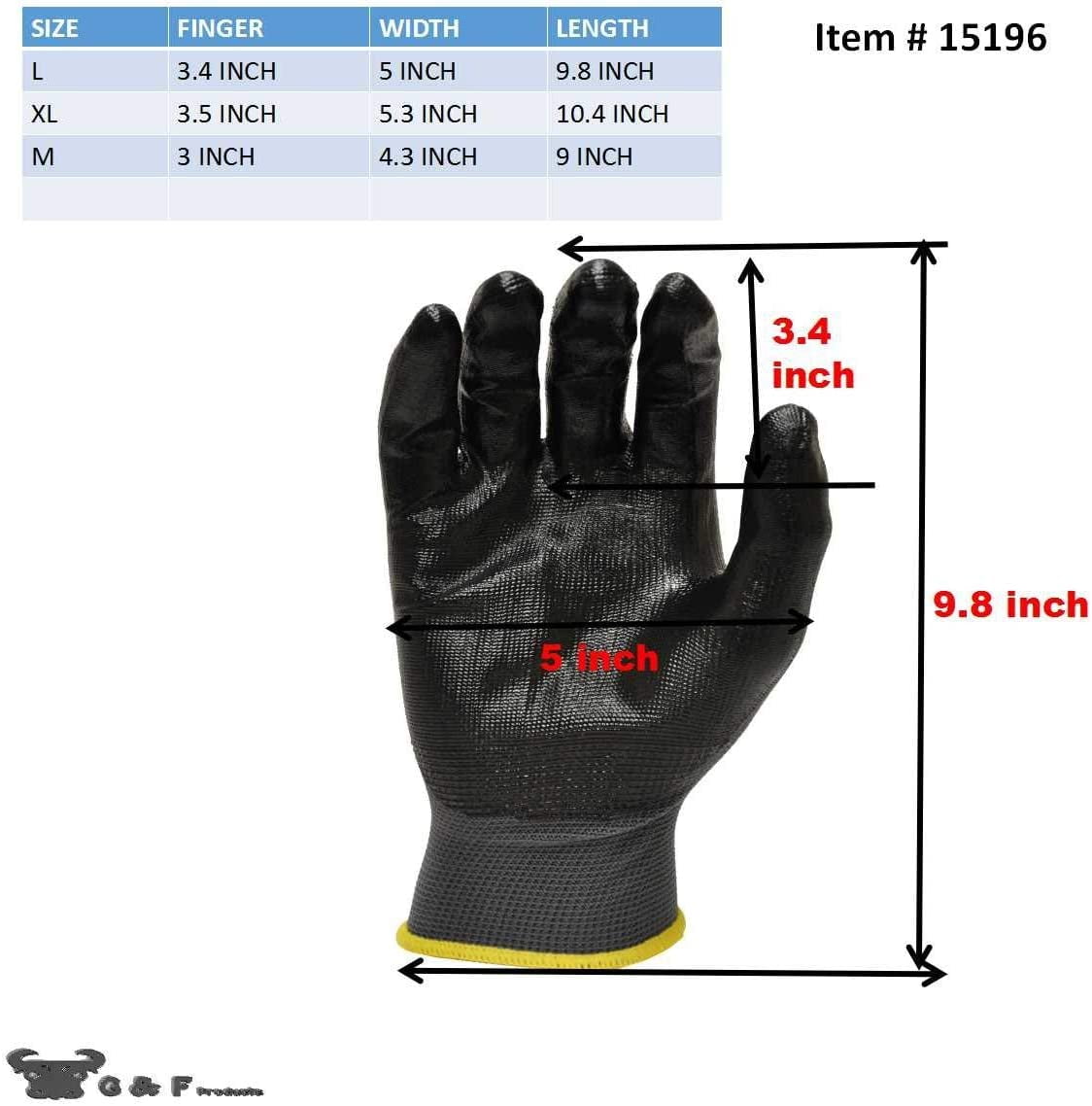 G & F Knit Nylon Gloves 1519, Micro Form Nitrile Grip, 12 Pairs, Size Large