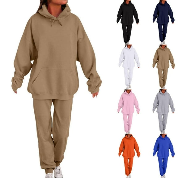 Miluxas Women's Two Piece Outfits Solid Sweatsuits Set Long Sleeve Pullover Hoodie and Jogger Sweatpants Tracksuit Lounge Sets White XL(XL)