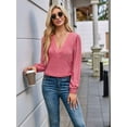 thumbnail image 4 of Womens V Neck Long Sleeve Tops Dressy Casual Fall Shirts Puff Sleeve Loose Tunic Trendy Tops Blouses Pink L, 4 of 9