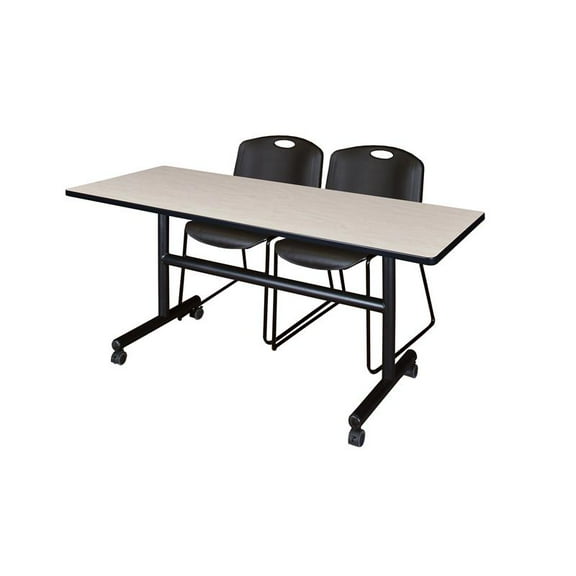 60" x 30" Flip Top Mobile Training Table- Maple and 2 Zeng Stack Chairs- Black