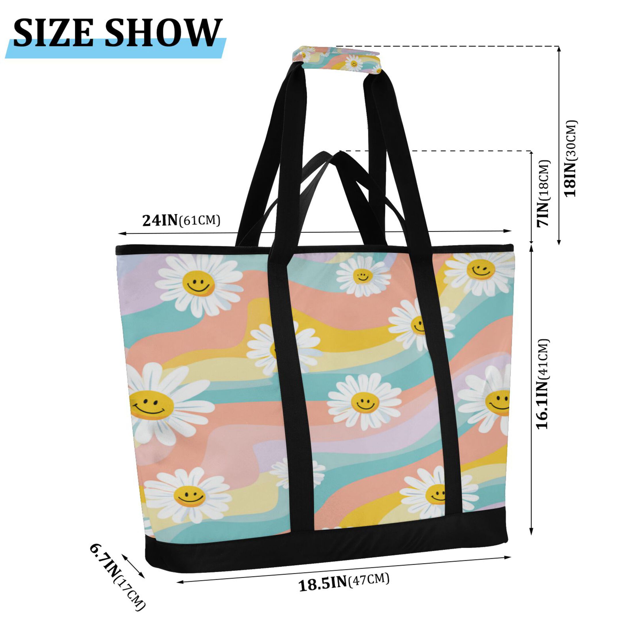 Extra-Large Wide Opening Design Capacity Hand-Held Ice Pack Thickened Insulation Layer For Long-Lasting Cold Retention For Outdoor Shopping Picnics And Camping Smiling Daisies with Rainbow