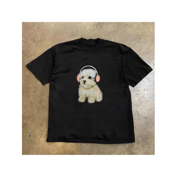 Puppy Listening T-Shirt, unisex Graphic Tees Gothic Grunge Y2k emo Scene amity Style Clothes Menswear Womenswear Streetwear