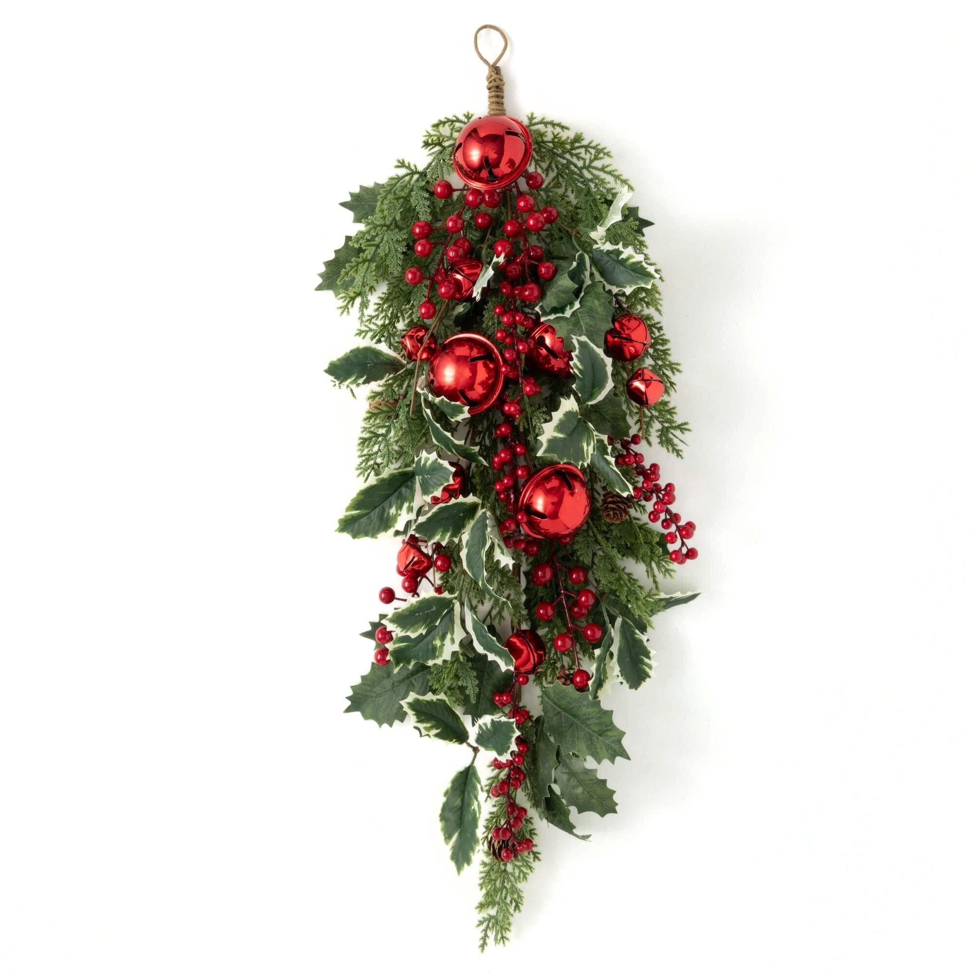 30"H Sullivans Artificial Jingle Bell Holly Pine Christmas Swag, Green-Red