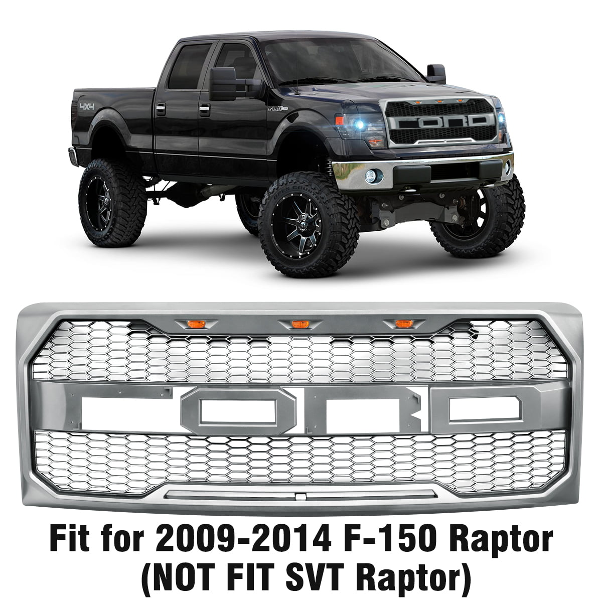 Front Grill for FORD F150 2004-2008 Raptor Style Black Grill With Amber LED lights and F&R Letters 