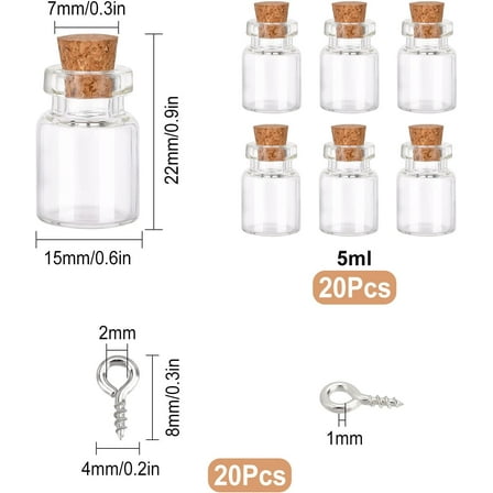1 set Glass Bottles with Cork Stopper and Iron Screw Eye Pin Peg Bails Mixed Shapes Clear 20pcs/set