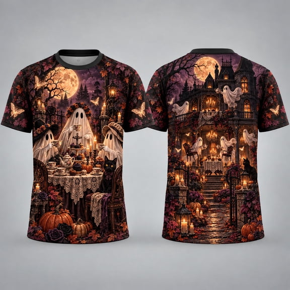 MERIVANE Vintage Ghost Tea Party Unisex T-shirt 3D, Spooky Cute Personalized Graphic Tee
