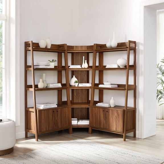 Bixby 3-Piece Corner Bookshelf Set with Wide Bookshelves in Walnut
