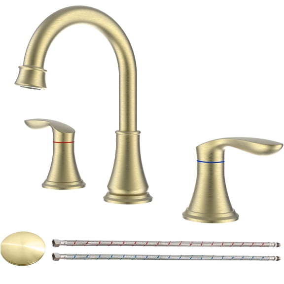 JERFIT 8 inch Widespread Bathroom Faucet Brushed Gold, 2-Handle 3-Hole Deck Mount Basin Tap with 360° Swivel Spout, Anti-Fingerprint & Water Efficient