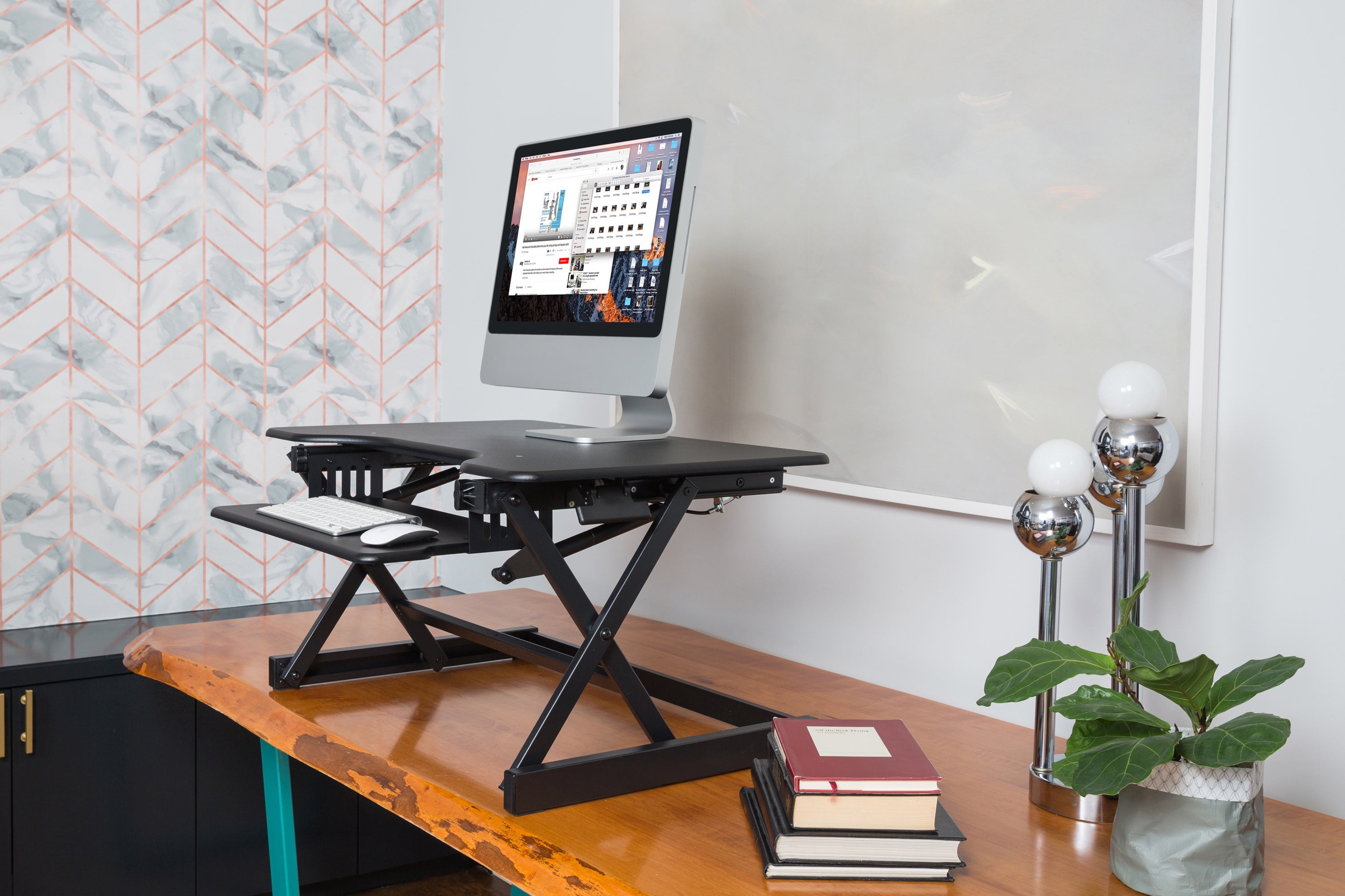 Rocelco 32in. Height Adjustable Standing Desk Converter BUNDLE | Sit Stand Computer Workstation Riser with Anti Fatigue Mat | Dual Monitor Retractable Keyboard Tray Gas Spring | Black (R EADRB-MAFM)