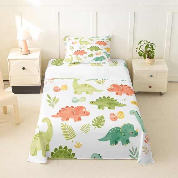 Homewish Cute Cartoon Dino Twin Sheets,Kawaii Plants Bedding,White,3pcs,1 Fitted Sheet and 1 Pillowcase