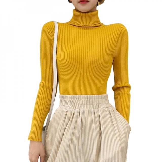 Linamei Chandails d'Automne pour Femmes Manches Longues Slim Col Montant Tricot Slim