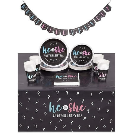Gender Reveal Party Pack, Dinnerware, Banner, Tablecloth, He or She (Serves 24, 99 Pieces)