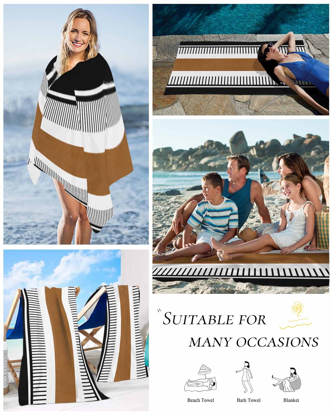 Modern Brown Black Beach Towels Oversized Super Absorbent, Boho Contemporary Geometric Striped Lightweight Bath Towel Quick Dry Sets For Bathroom/Pool/Rv Camping/Beach Play/Gym Room/Picnic 31"x62"