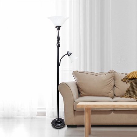 Lalia Home - Torchiere 800lm Floor Lamp with Reading Light and Marble Glass Shades - RESTORATION BRONZE/WHITE SHADES