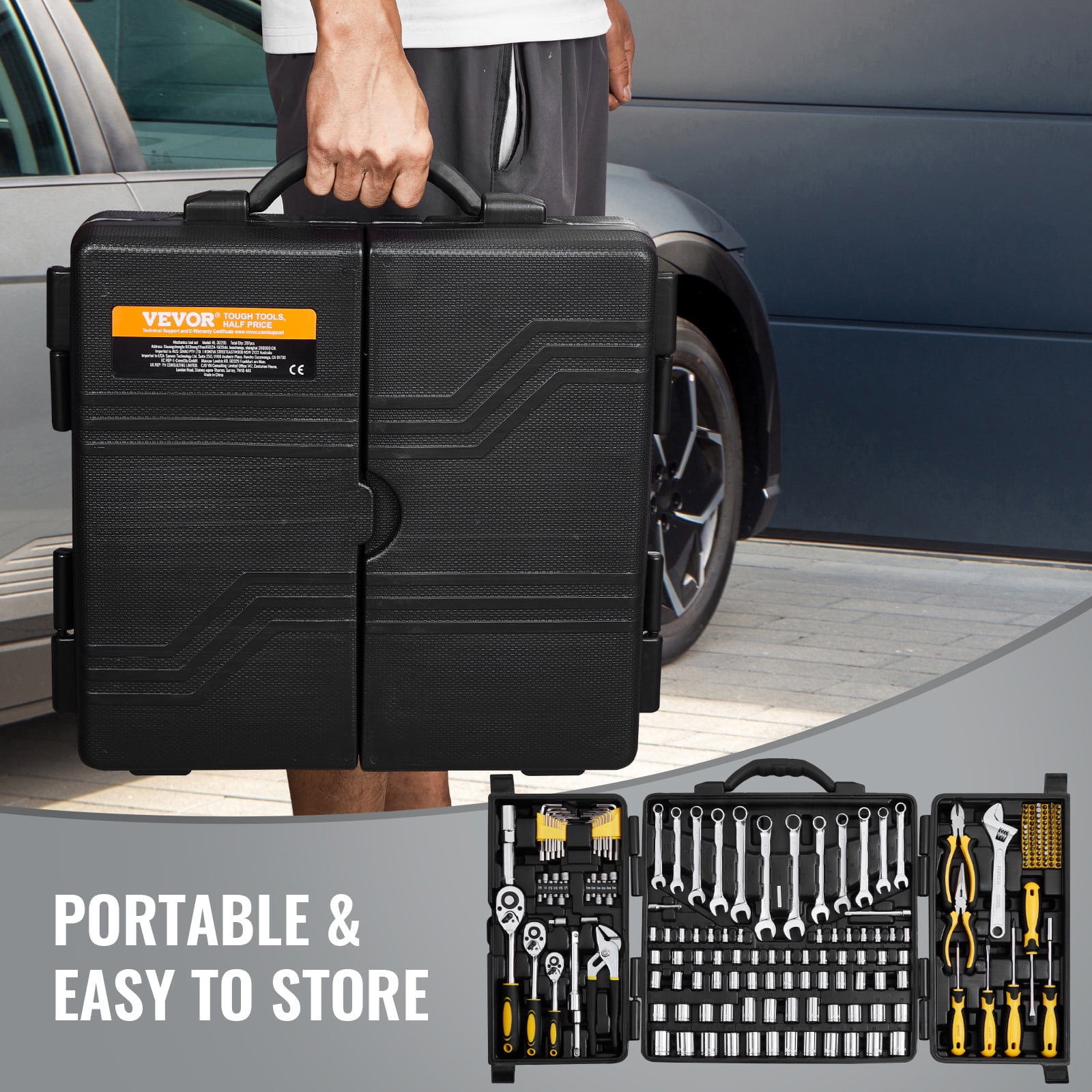 VEVOR 207-Piece Mechanics Tool Set, 1/4" 3/8" 1/2" Drive Sockets, SAE and Metric Mechanic Tool Kit with Bits, Wrenches, Ratchet Handle, Accessories, and Plastic Storage Case, for Automotive Repair