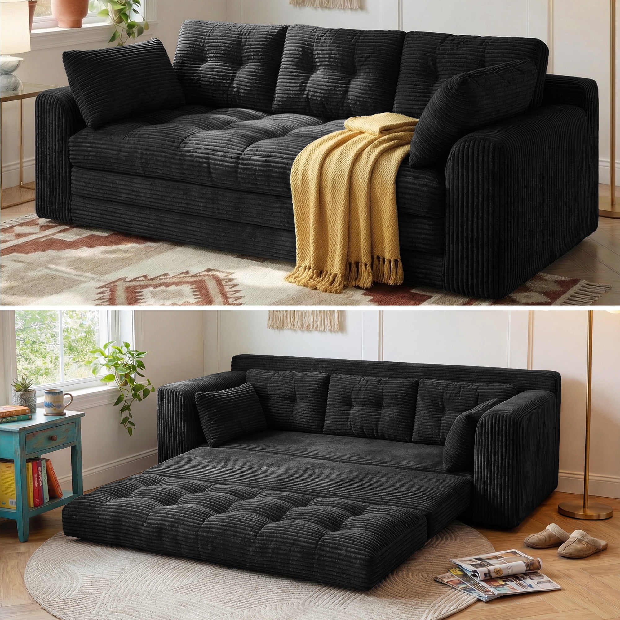 EnHomee 74.8" Foldable Sofa for Adult 3 Seater Sofa Bed Couch with Deep Seat Adjustable Floor Sofa Couch with 5 Pillows,Black