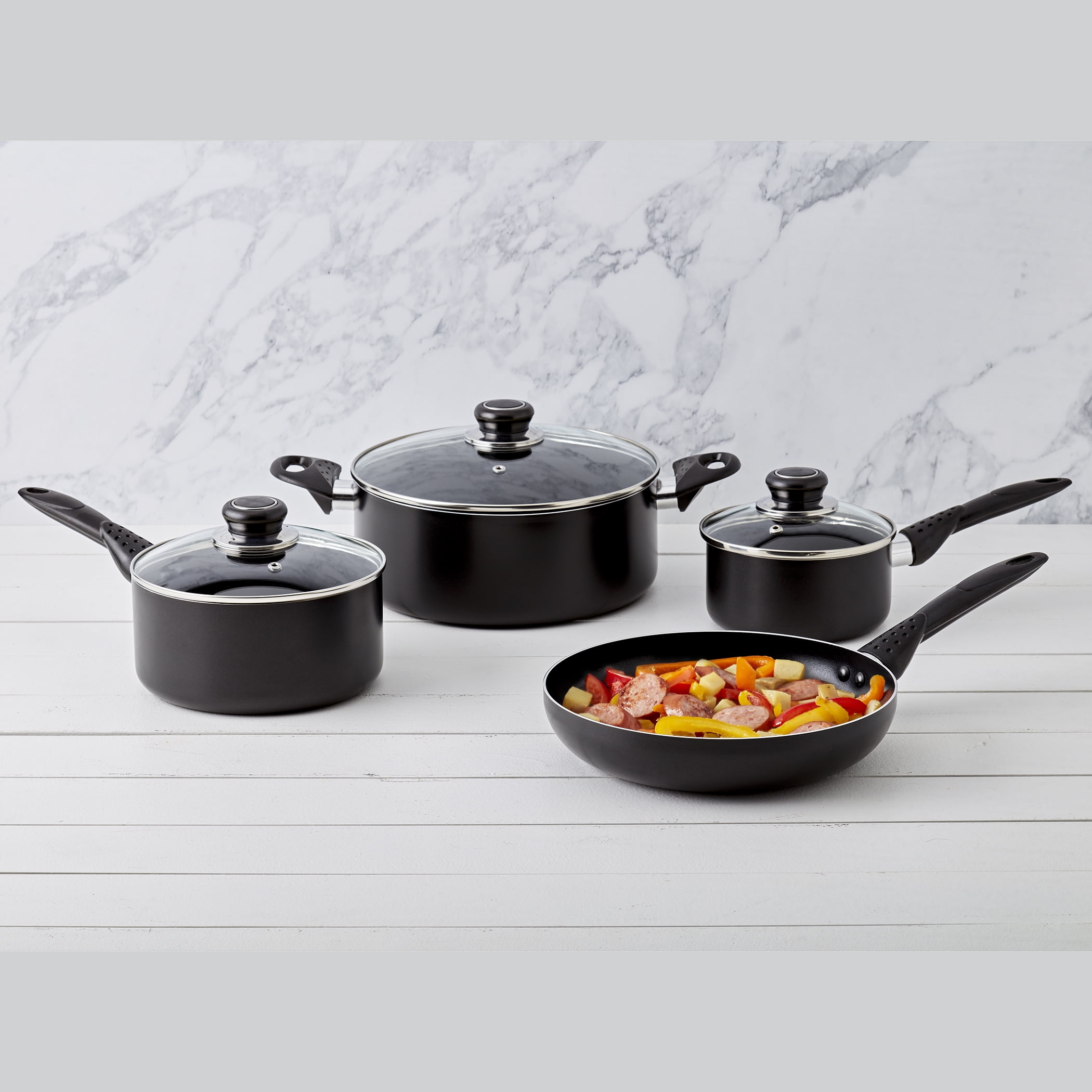 Basic Essentials 7 Piece Nonstick Aluminum Cookware Pots Pans Set, Black