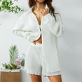 thumbnail image 3 of Musuos Women Casual 2 Pcs Clothes Set Solid Color Ruched Long Sleeve Button Down Shirts with Shorts Suit, 3 of 9