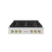 ZLINE 36 in. Autograph Edition Paramount Gas Rangetop with 6 Burners and Porcelain Cooktop in DuraSnow Stainless Steel with Polished Gold Accents (SRTSZ-36-G)