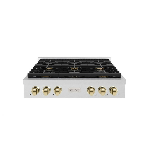 ZLINE 36 in. Autograph Edition Paramount Gas Rangetop with 6 Burners and Porcelain Cooktop in DuraSnow Stainless Steel with Polished Gold Accents (SRTSZ-36-G)