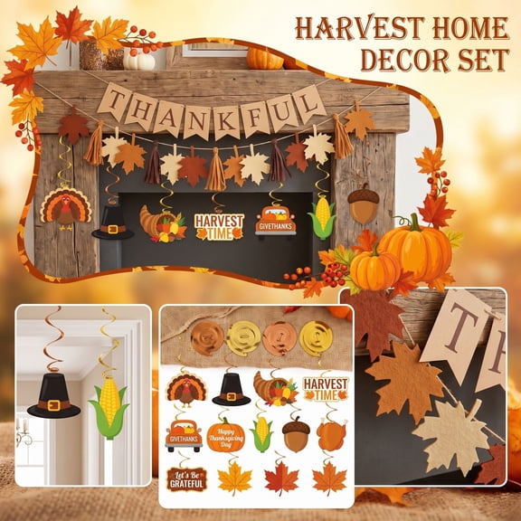 Moonsky Fall Thanksgiving Decor Set with 6.56 Foot Maple Leaf Garland Turkey Bunting and 14-Piece Hanging Spirals for Outdoor Home Party Decoration