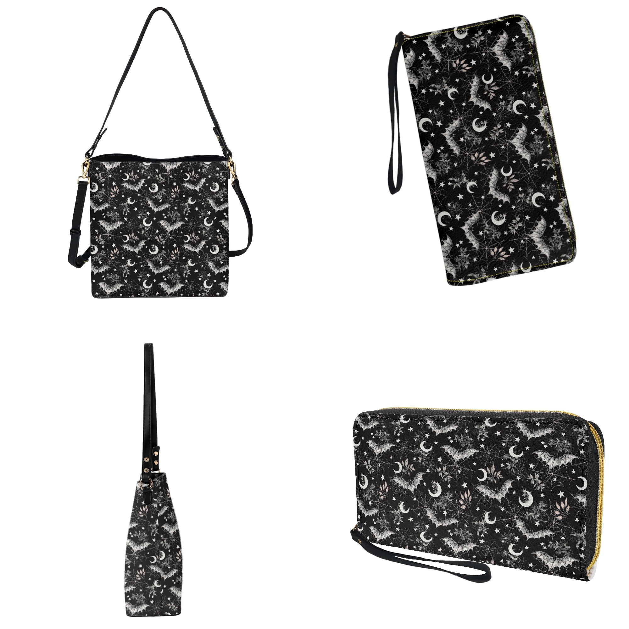 ZUXONGSY Bat Moon Print Womens Bucket Crossbody Bag Set Leather Crossbody Handbag with Wrist Wallet for Shopping Travel