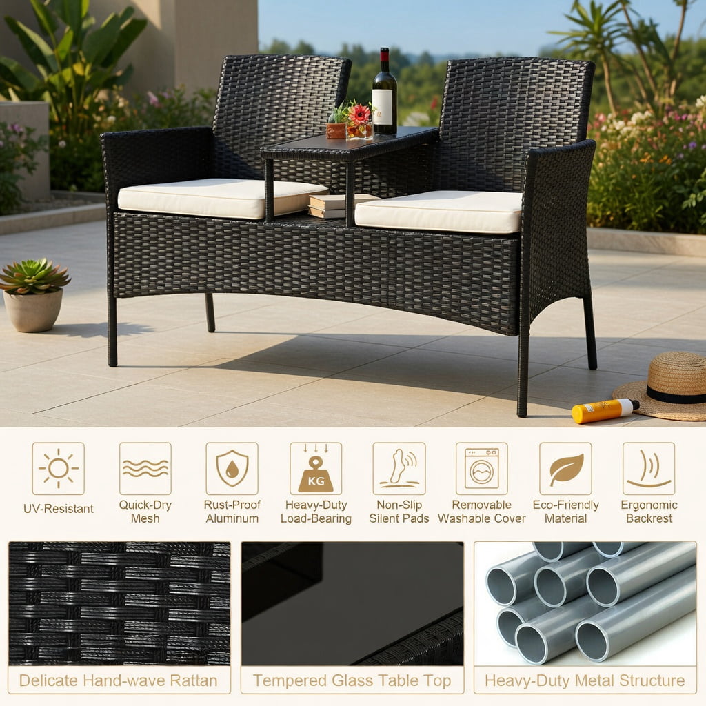 Hommoo Wicker Patio Conversation Set, Weather-Resistant Rattan Sofa with Removable Cushions, Tempered Glass Table, and Steel Frame for Backyard, Poolside or Balcony, White