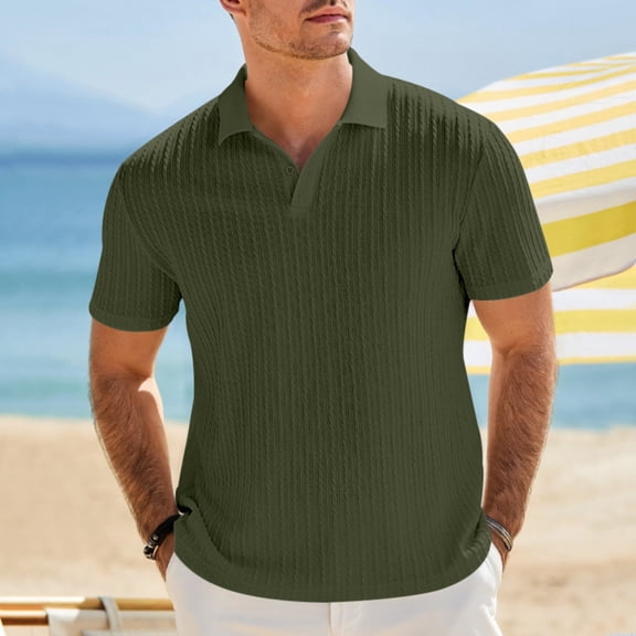 ASDFVBKG Mens Short Sleeve Knit Polo Shirt Summer Casual Ribbed Texture Golf Polos T Shirts Army Green S