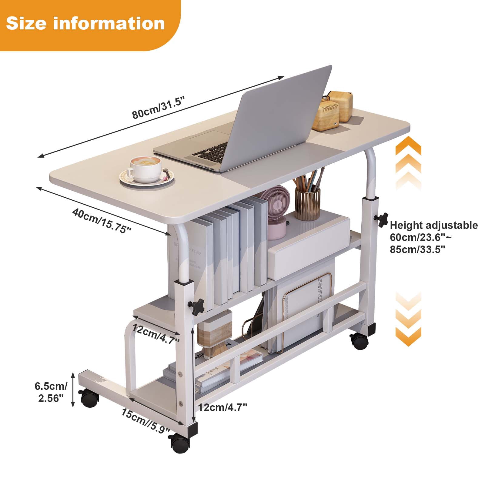 Roromall 31.5" Adjustable Height Portable Rolling Desk Mobile Standing Desk, Small Computer Table, Mobile Stand Up Table with Wheels & Storage Shelves for Home Office School